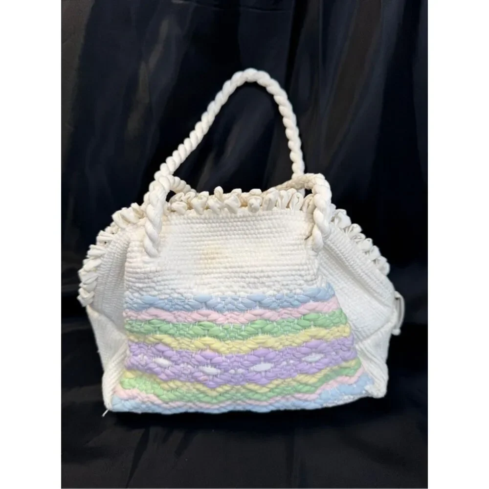 Vintage 1950s Macrame Boho Mini Satchel Handbag White Pastel Woven Purse